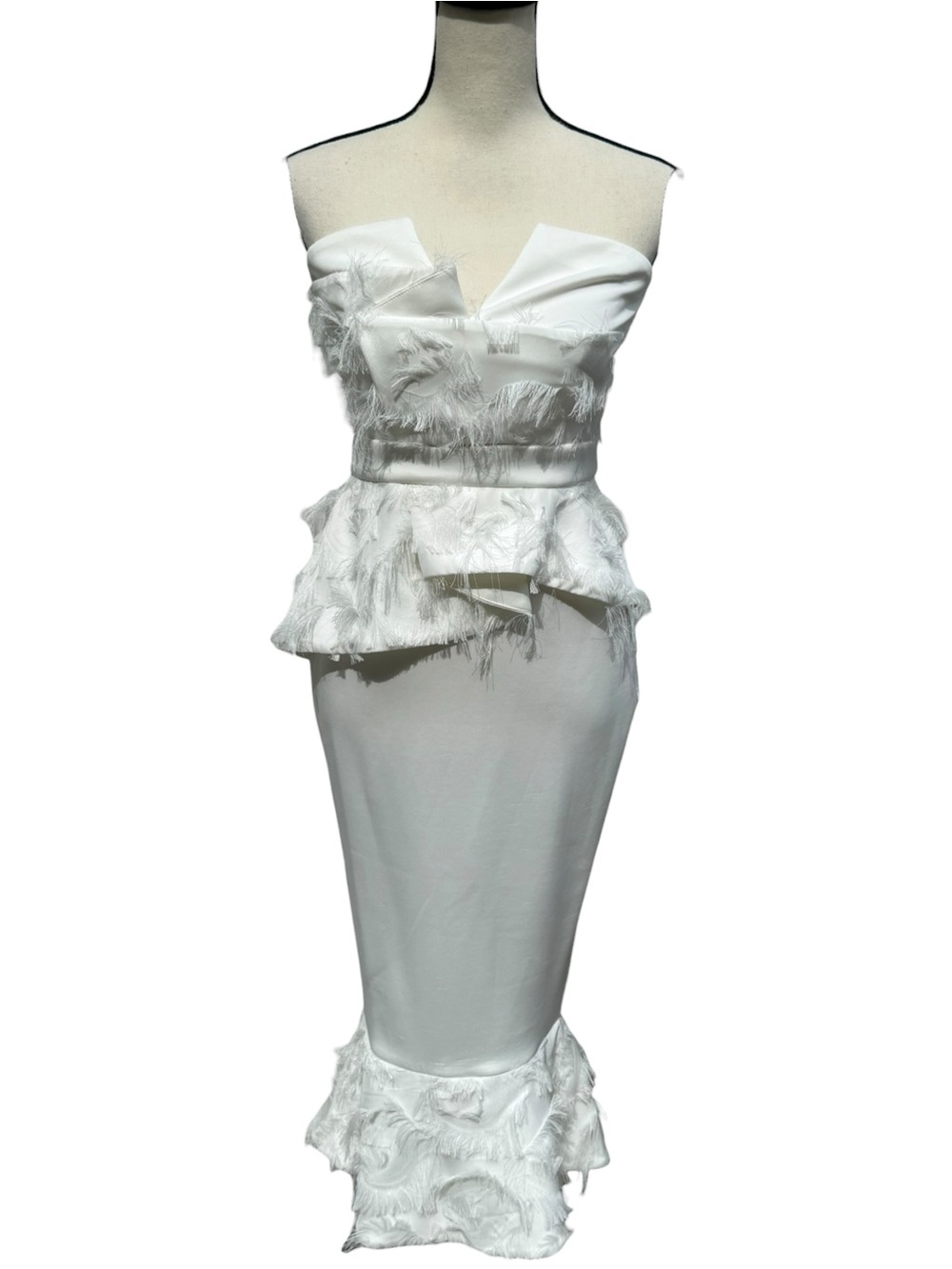 White Strapless Feather Fringe Midi Dress Bridal Shower Bachelorette US 4 - Picture 4 of 7